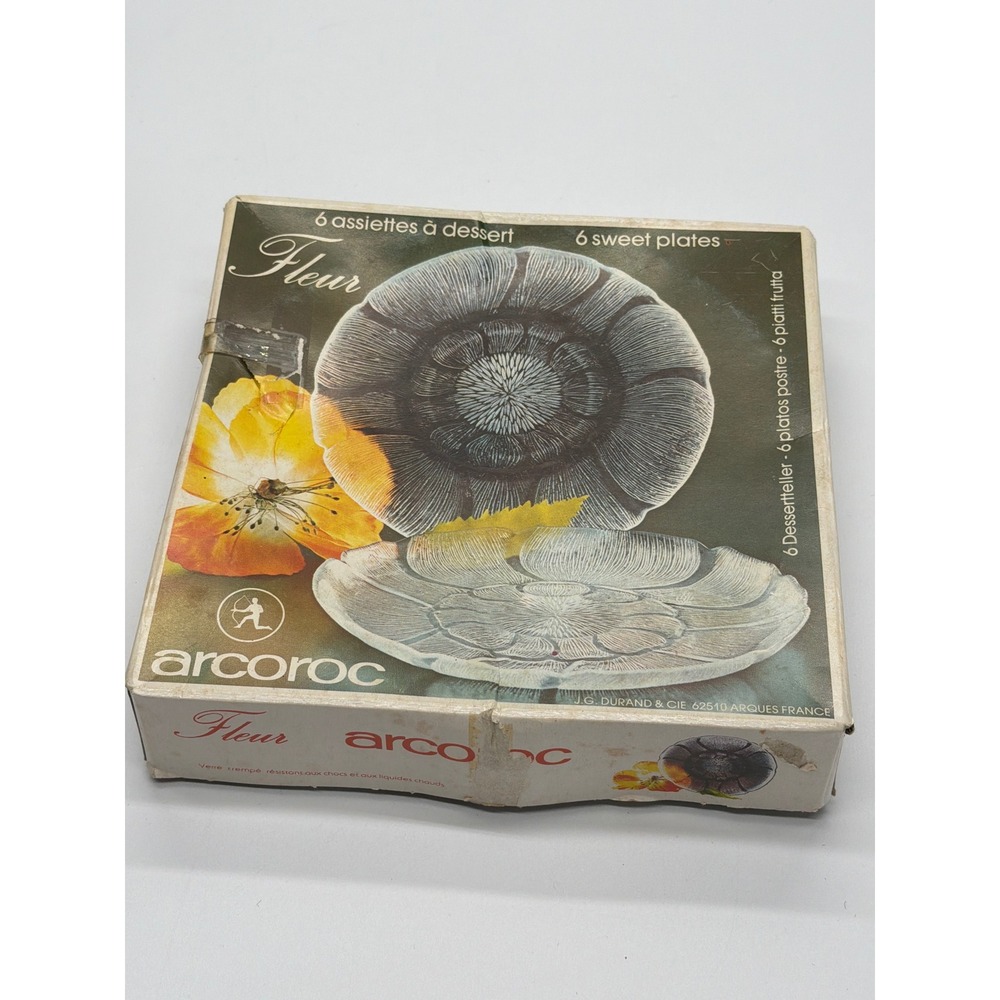 Arcoroc Fleur Clear Glass Dessert Plates Set of 6 Vintage French Floral 7 inch